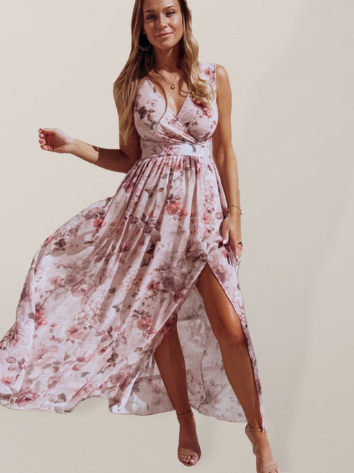 Elegant Floral Print Sleeveless Chiffon Maxi Dress for Beach Vacation