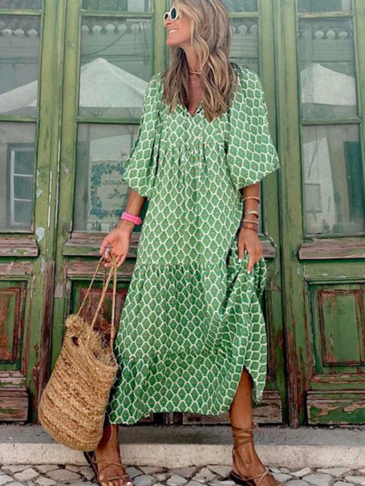 Geometric Collage Puff Sleeve Dress - Versatile Street & Holiday Women's Fashion