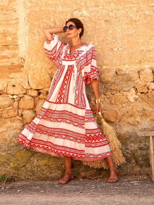 Geometric Collage Puff Sleeve Dress - Versatile Street & Holiday Women's Fashion