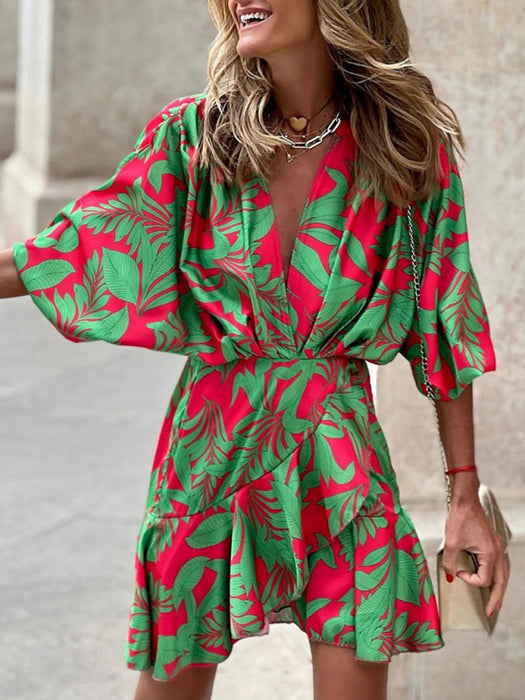 Elegant Lotus Leaf Print Dress with Puff Sleeves for a Sophisticated Look