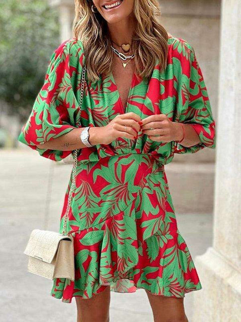 Lotus Luxe: Stylish Leaf Print Dress with Statement Puff Sleeves
