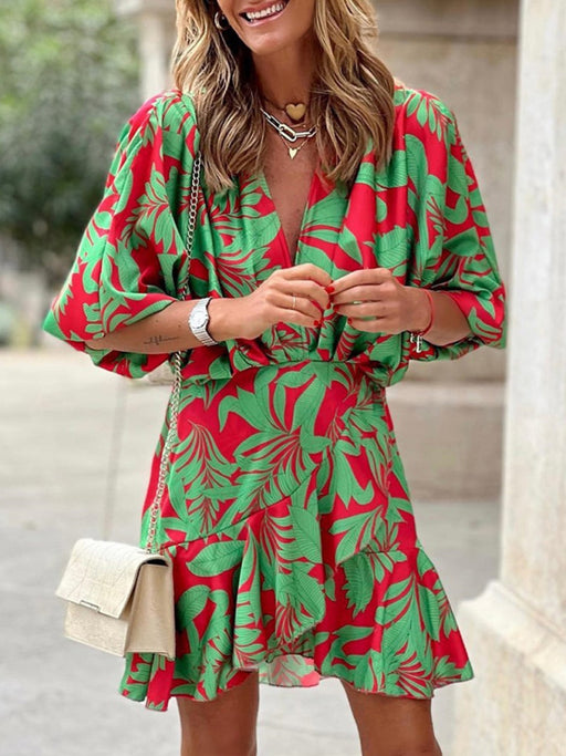 Women's Printed Deep V Puff Sleeves Elegant Lotus Leaf Dress