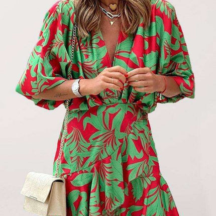 Lotus Luxe: Stylish Leaf Print Dress with Statement Puff Sleeves