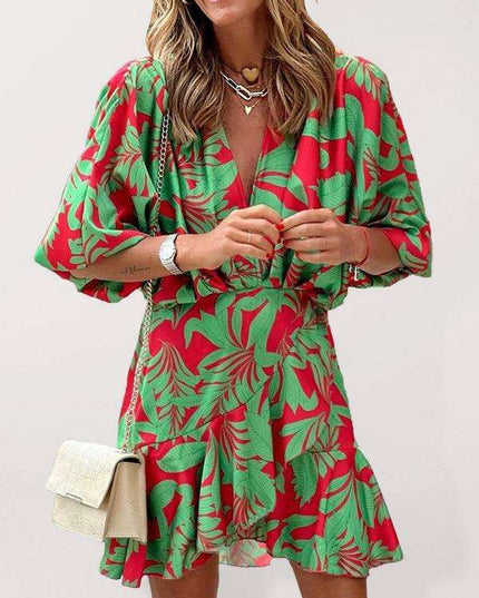 Lotus Luxe: Stylish Leaf Print Dress with Statement Puff Sleeves