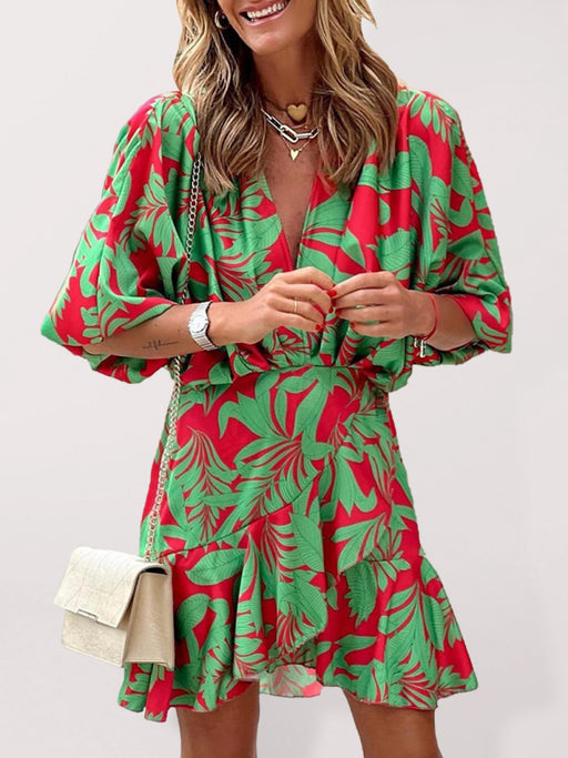 Women's Printed Deep V Puff Sleeves Elegant Lotus Leaf Dress
