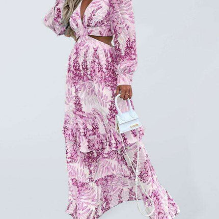 Chic V-Neck Long-Sleeve Dress with Festive Print