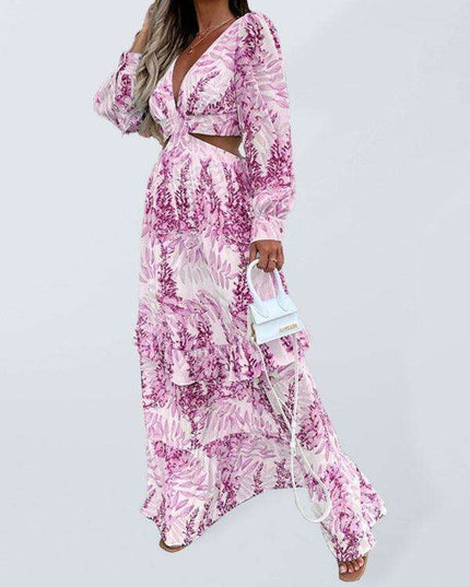 Chic V-Neck Long-Sleeve Dress with Festive Print