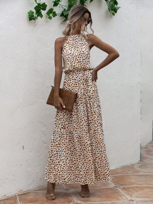 Chic Polka Dot Halter Dress with Stylish Dropped Sleeves