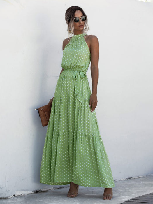 Chic Polka Dot Halter Dress with Stylish Dropped Sleeves