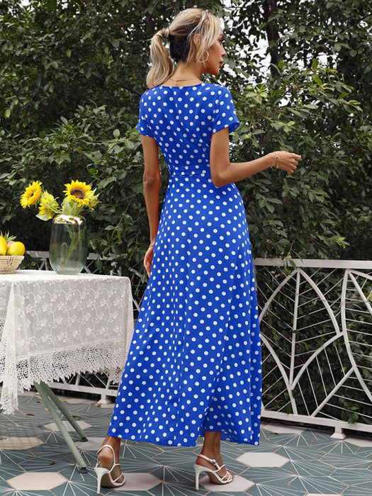 Chic Polka Dot Dress with Playful Slit and Casual Waist