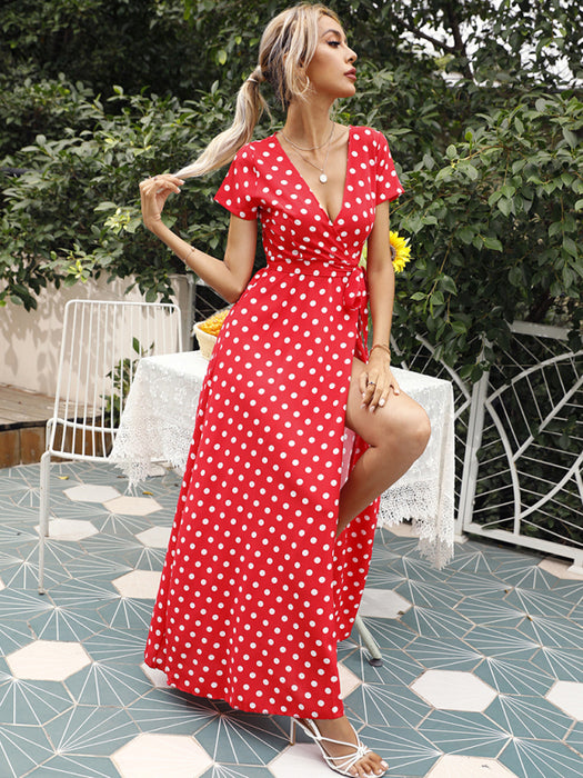 Chic Polka Dot Dress with Playful Slit and Casual Waist