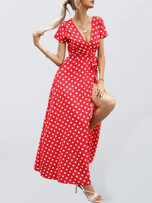 Playful Polka Dot Slit Dress with Casual Chic Waist