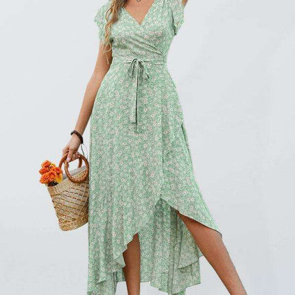 Floral Boho Chic V-Neck Tie-Front Maxi Dress