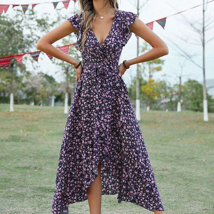 Floral Boho Chic V-Neck Tie-Front Maxi Dress