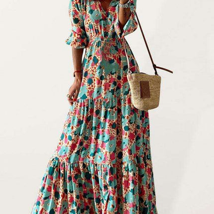Vibrant Floral V-Neck Swing Dress for Effortless Elegance