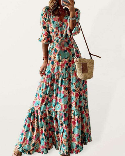 Vibrant Floral V-Neck Swing Dress for Effortless Elegance