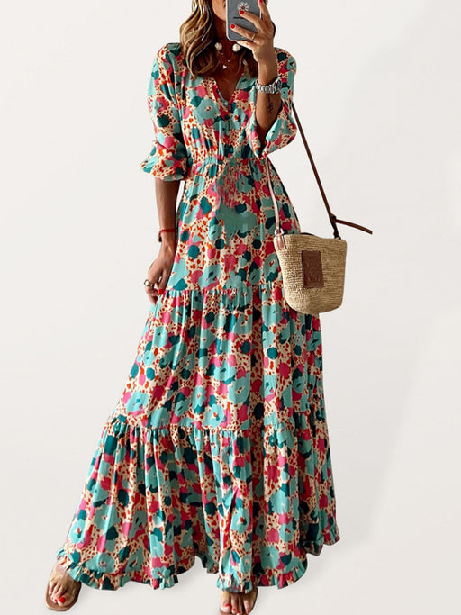 Elegant V-neck five-quarter-sleeved multicolored floral pleats stitching large swing dress