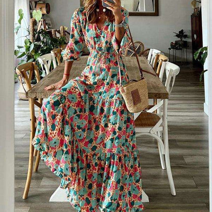 Vibrant Floral V-Neck Swing Dress for Effortless Elegance