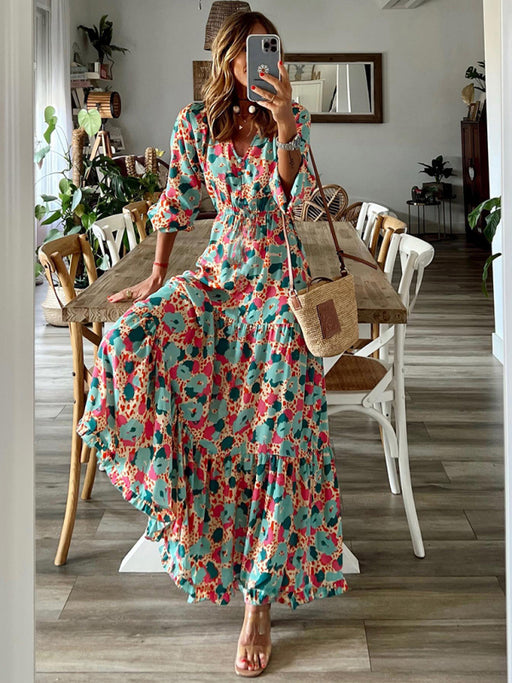 Floral Pleated Swing Dress with V-Neck