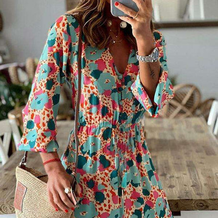 Vibrant Floral V-Neck Swing Dress for Effortless Elegance