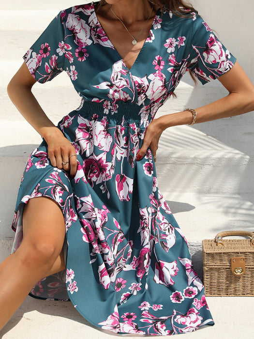 Floral Bliss V-Neck Short-Sleeved Dress for Chic Summer Days