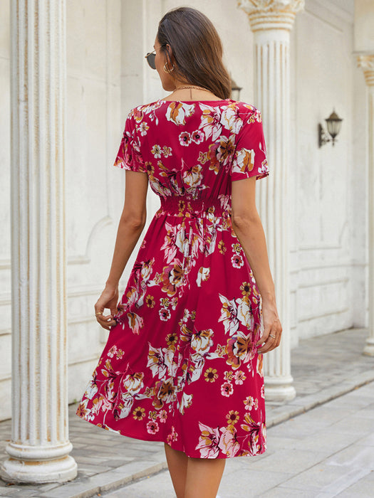 Floral Bliss V-Neck Short-Sleeved Dress for Chic Summer Days