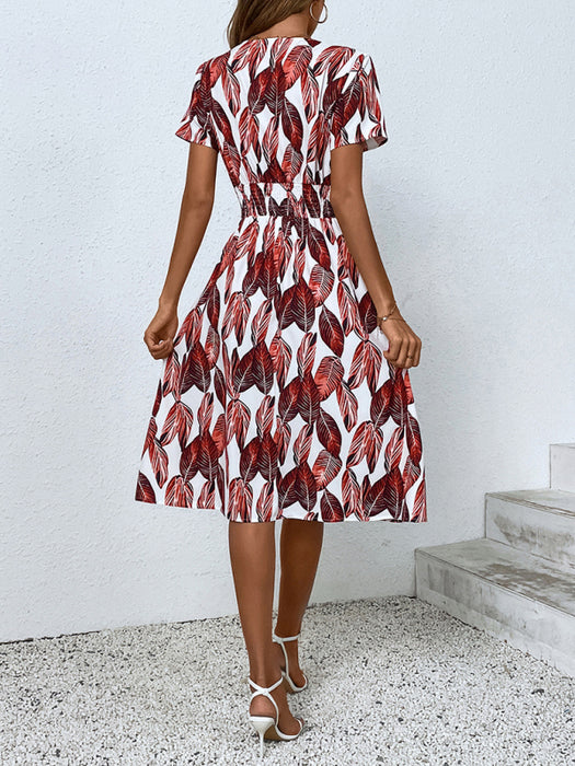 Elegant Floral Print V-Neck Short Dress for Summer Getaways