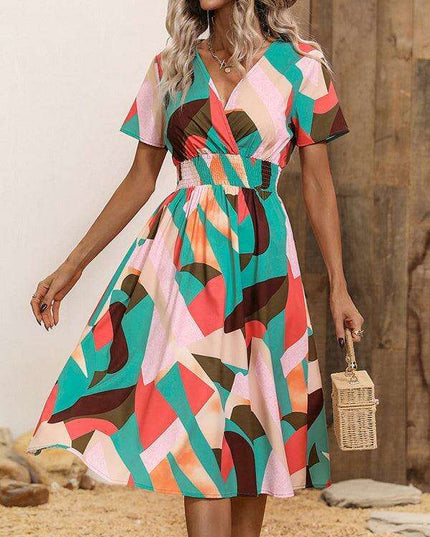 Floral Print V-Neck Summer Dress with Short Sleeves