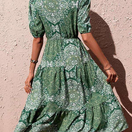 Charming Floral V-Neck Maxi Dress with Puff Sleeves and Side Slit