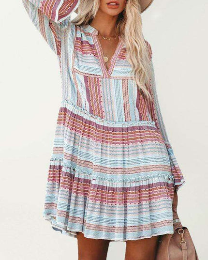 Trendy Geometric Print V-Neck Long Sleeve Casual Dress for Women