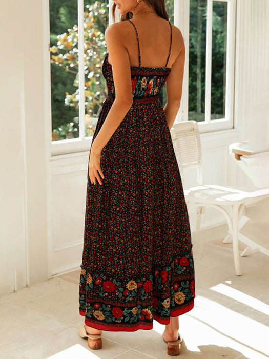 Bohemian Chic Floral Swing Dress with V-Neck Straps