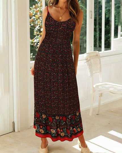 Floral V-Neck Swing Dress with Adjustable Suspender Straps