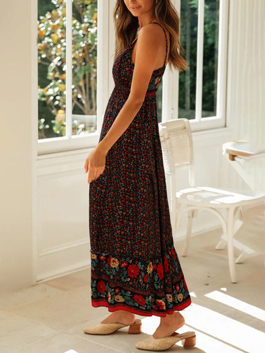 Bohemian Chic Floral Swing Dress with V-Neck Straps