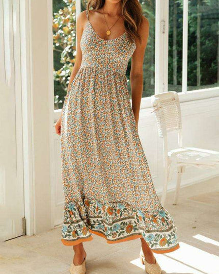 Floral V-Neck Swing Dress with Adjustable Suspender Straps