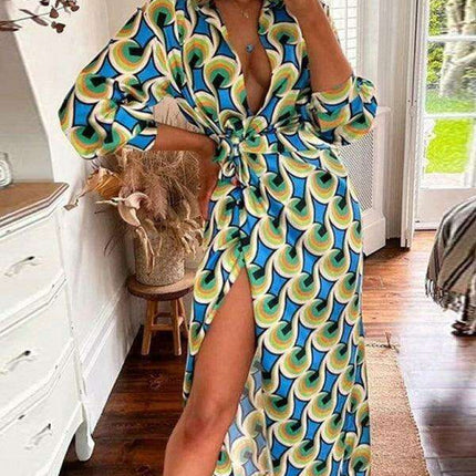 Chic Printed Lantern Sleeve Midi Dress with Tie Slit Detail