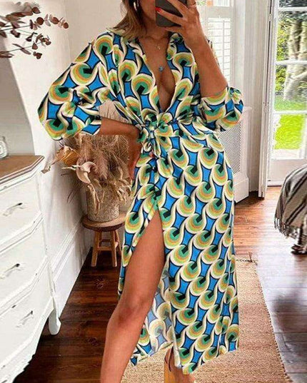 Chic Printed Lantern Sleeve Midi Dress with Tie Slit Detail
