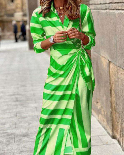Chic Printed Lantern Sleeve Midi Dress with Tie Slit Detail