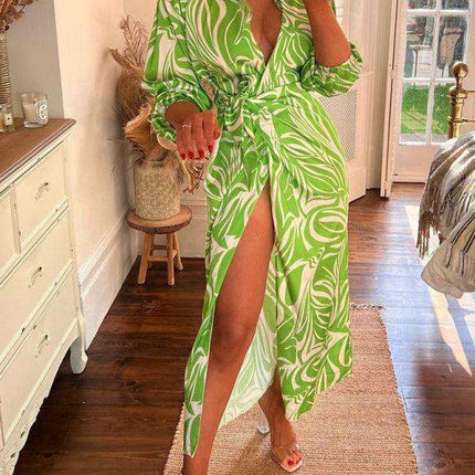 Chic Printed Lantern Sleeve Midi Dress with Tie Slit Detail