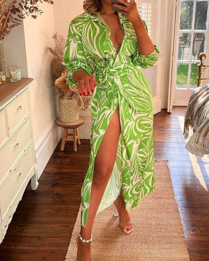 Chic Printed Lantern Sleeve Midi Dress with Tie Slit Detail