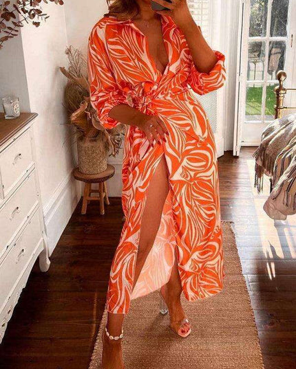 Chic Printed Lantern Sleeve Midi Dress with Tie Slit Detail
