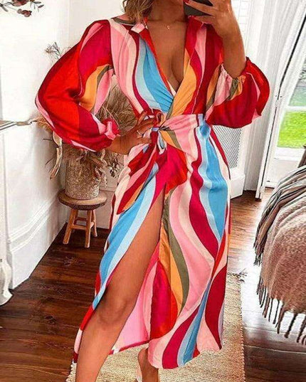 Chic Printed Lantern Sleeve Midi Dress with Tie Slit Detail