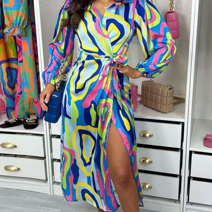 Chic Printed Lantern Sleeve Midi Dress with Tie Slit Detail