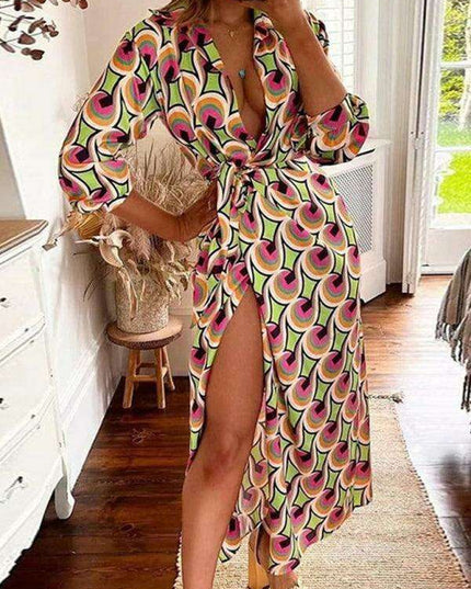 Chic Printed Lantern Sleeve Midi Dress with Tie Slit Detail