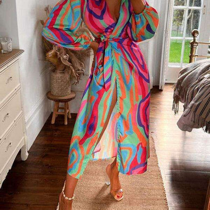 Chic Printed Lantern Sleeve Midi Dress with Tie Slit Detail