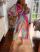 Elegant Printed Lapel Midi Dress with Lantern Sleeves