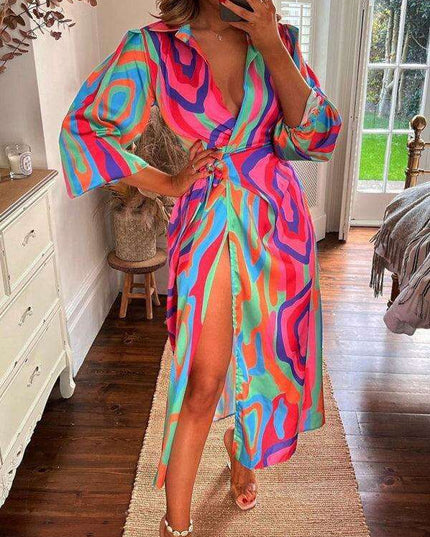 Chic Printed Lantern Sleeve Midi Dress with Tie Slit Detail