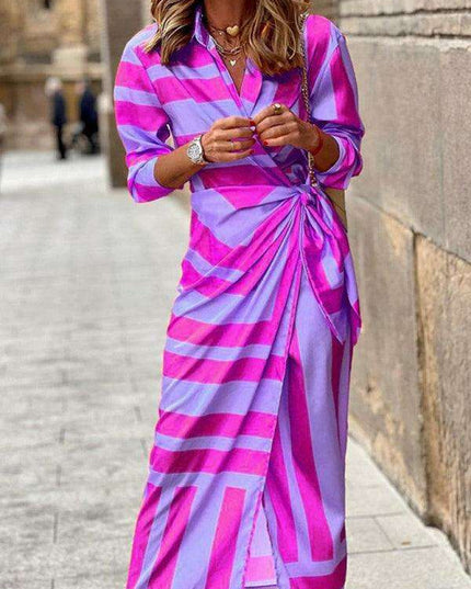 Chic Printed Lantern Sleeve Midi Dress with Tie Slit Detail
