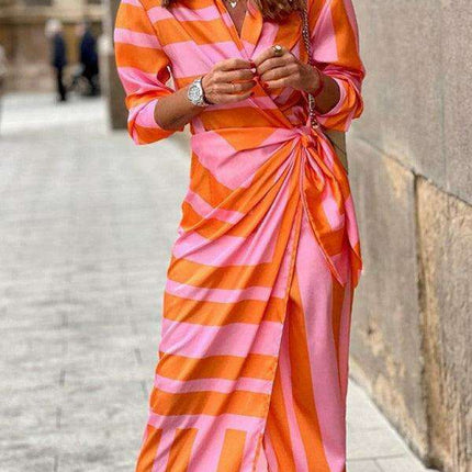 Chic Printed Lantern Sleeve Midi Dress with Tie Slit Detail