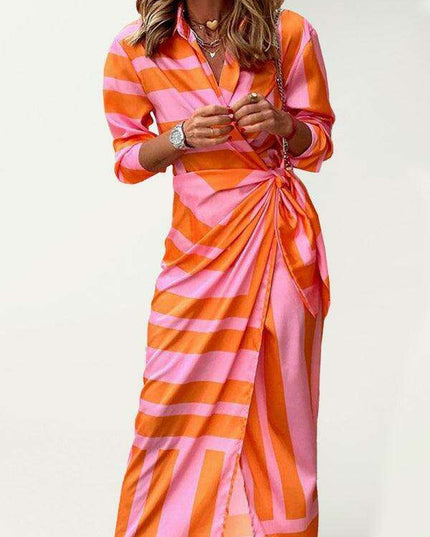 Chic Printed Lantern Sleeve Midi Dress with Tie Slit Detail