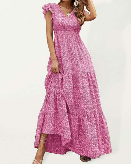 Floral Elegance V-Neck A-Line Dress for Women - Spring/Summer Style